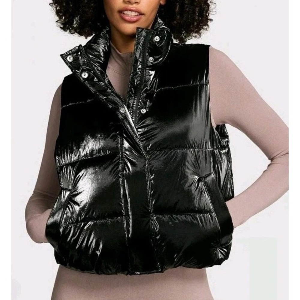 High Shine Marshmallow Puffer Vest Black by PINK Size XL Full Zip Adjustable Hem